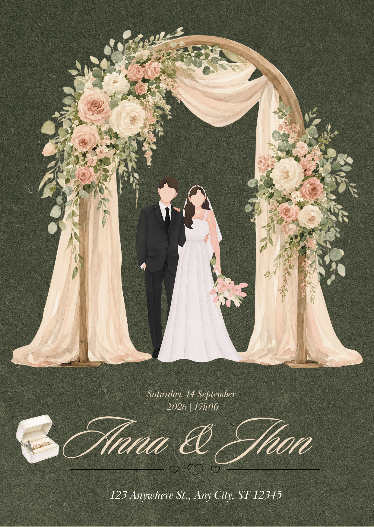 Wedding celebration invitation featuring an illustration of a bride in a white gown holding a bouquet and a groom in a black tuxedo, standing under an archway decorated with pink and white roses and greenery. Text provides date, time, and location details for the wedding of Anna and Jon on Saturday, September 14, 2026, at 5:00 PM, at 123 Anywhere St., Any City, ST 12345, with a small image of a ring box.