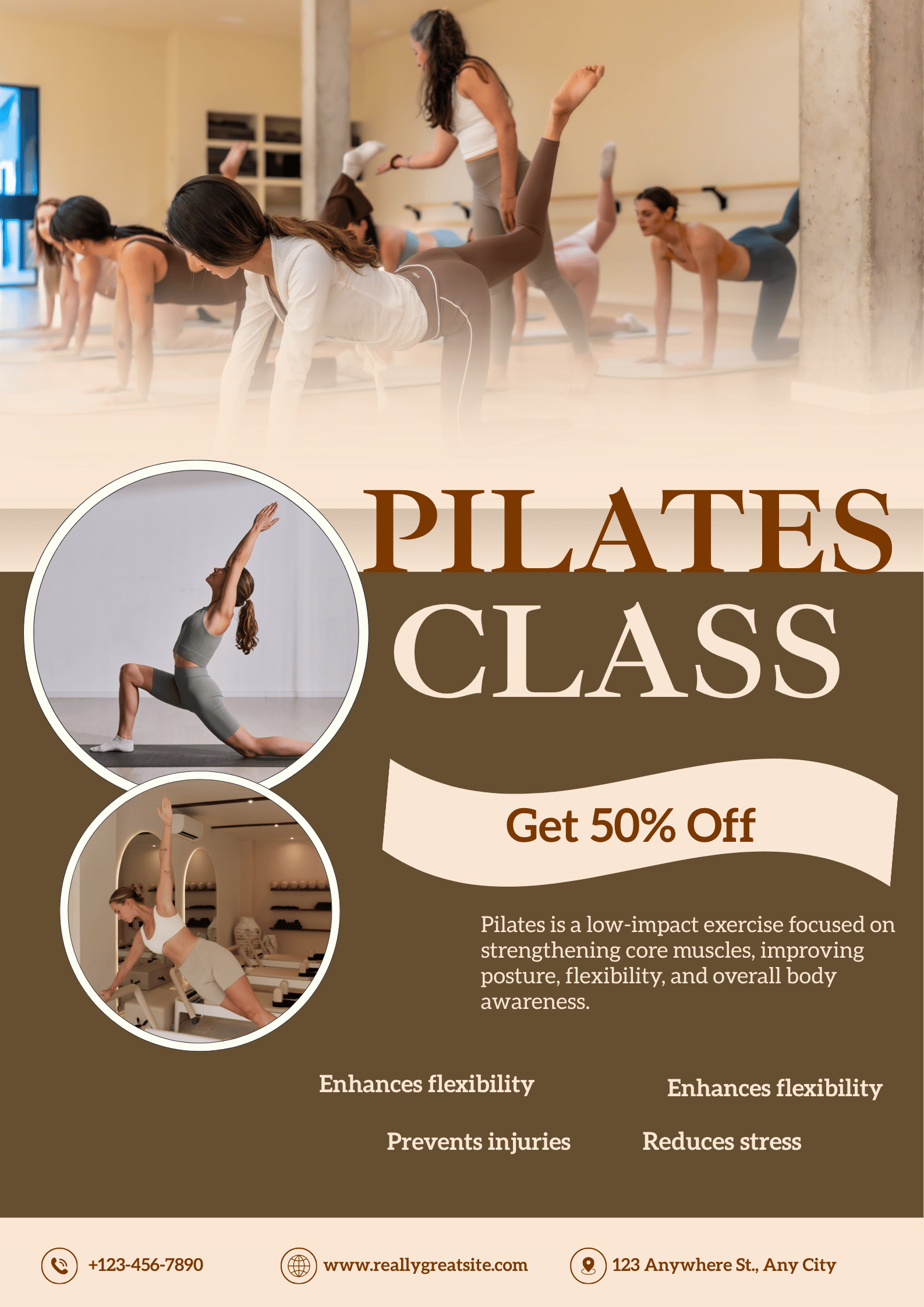 A promotional flyer for Pilates classes featuring images of women doing yoga poses and exercises, with a special offer of 50% off.