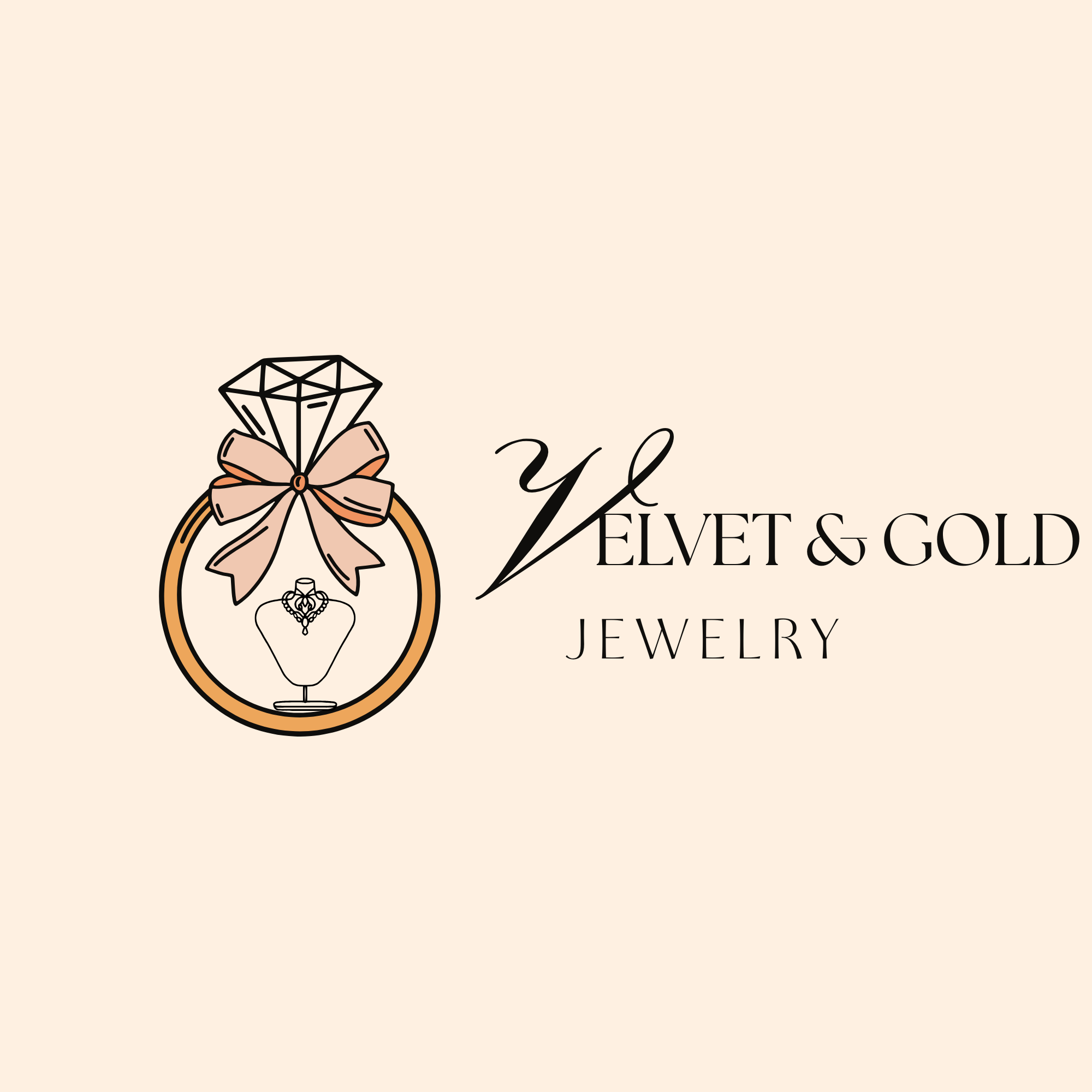 Elegant jewelry logo featuring a diamond ring icon and the words 'Velvet & Gold Jewelry' in black script, on a beige background.
