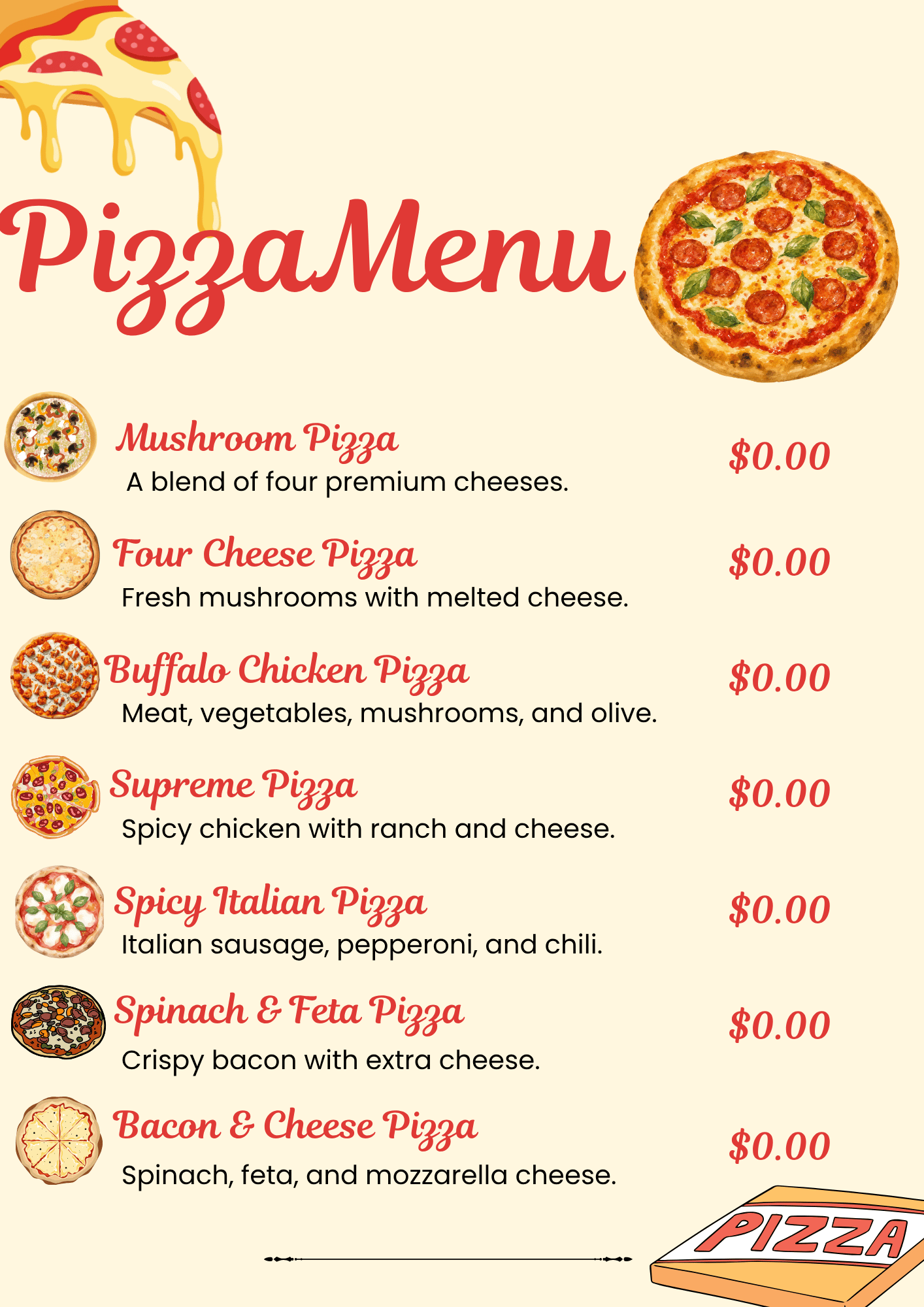 A pizza menu with illustrations of different types of pizzas and a large pizza image at the top.