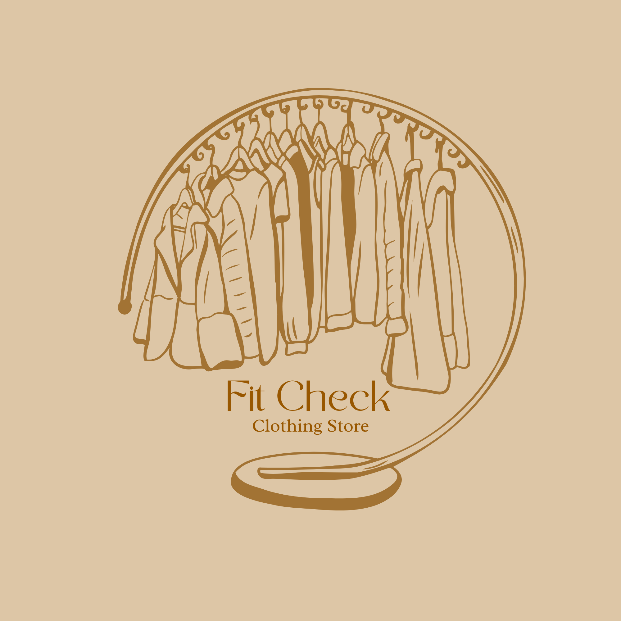 Line drawing of a clothing rack filled with various clothes, with the text 'Fit Check Clothing Store' underneath.