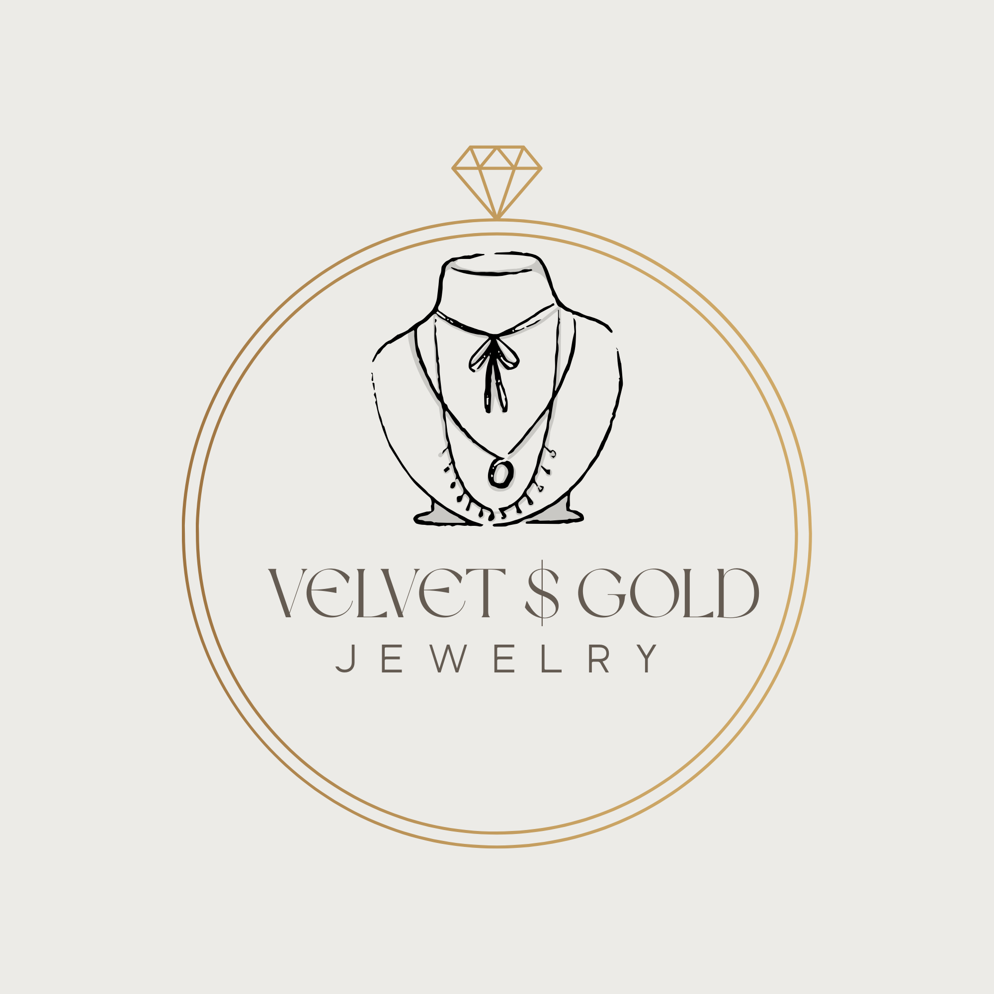 A jewelry branding logo featuring a sketch of a mannequin torso with a bow tie, inside an oval frame, topped with a diamond icon. Text reads "Velvet & Gold Jewelry".