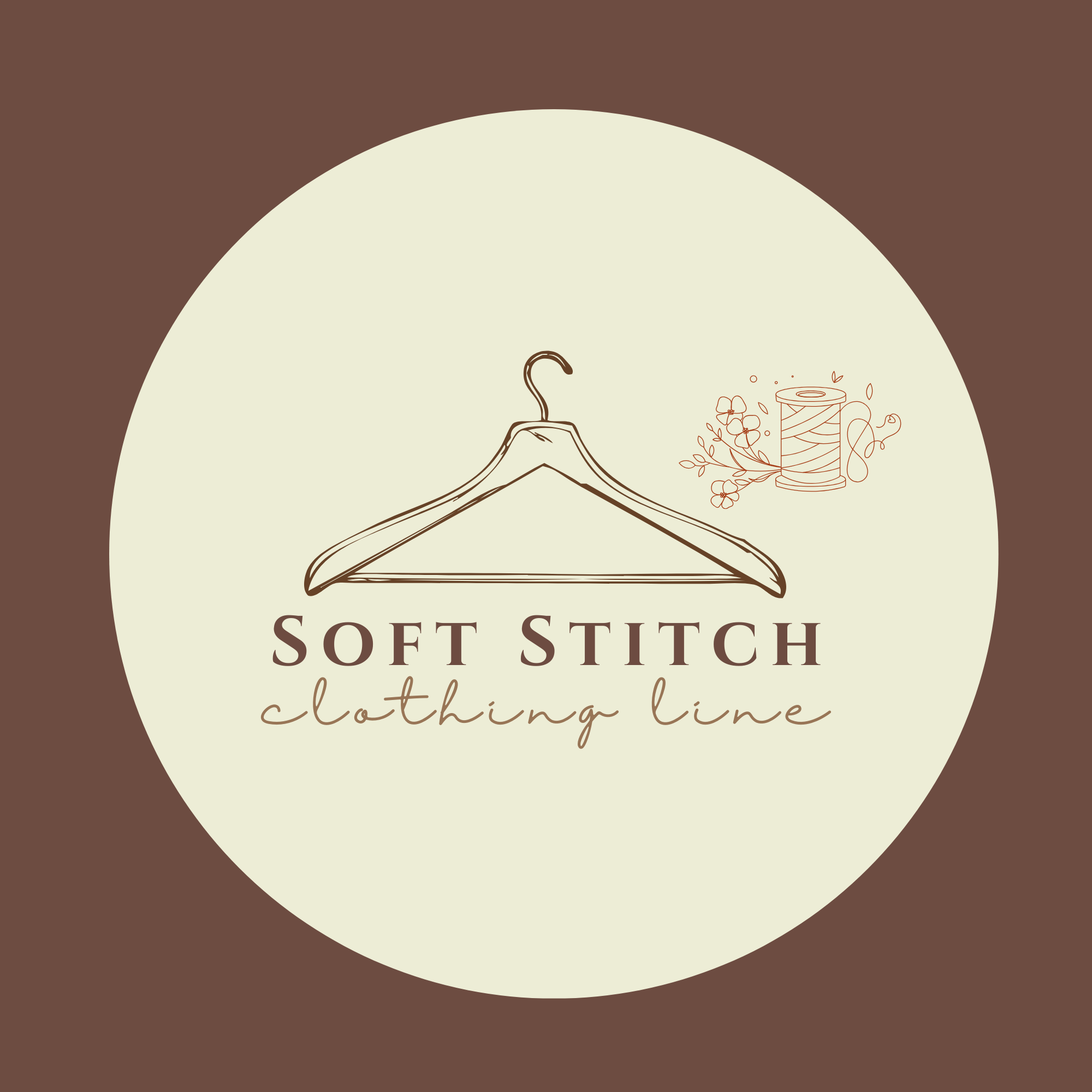 A beige circular label with a drawing of a coat hanger, flowers, and a spool of thread, with the text "Soft Stitch" and "clothing line"