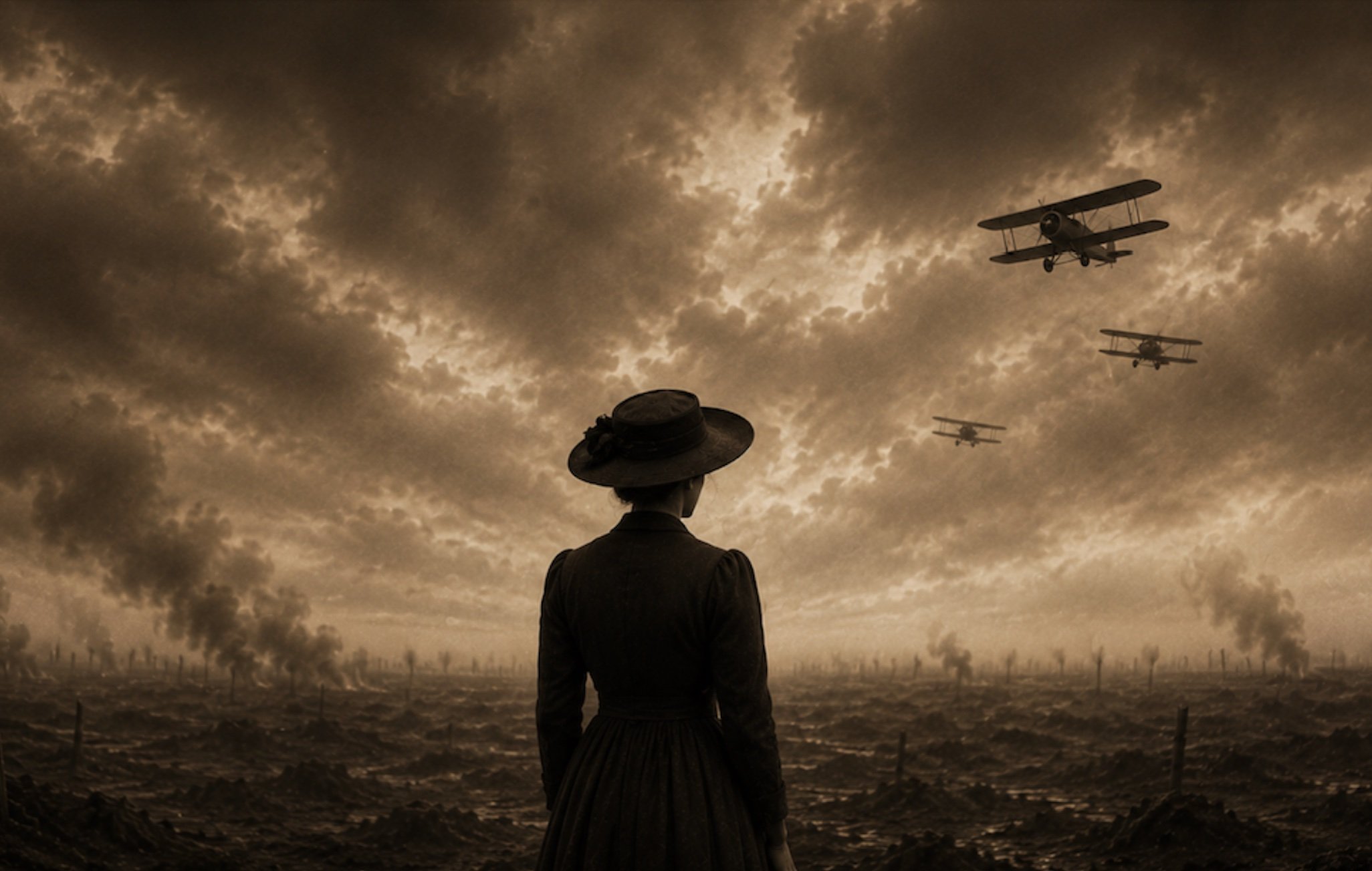A young woman watches First World War biplanes crossing a dramatic sky.