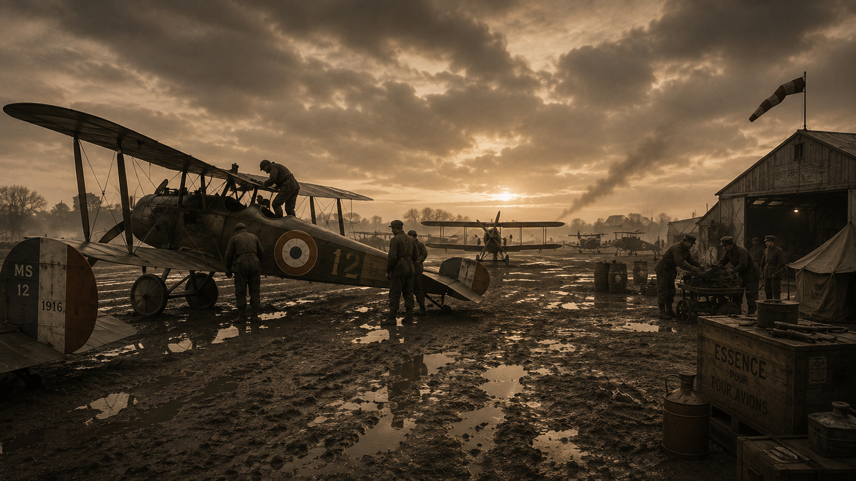 French military aircraft and airmen at a First World War airfield.