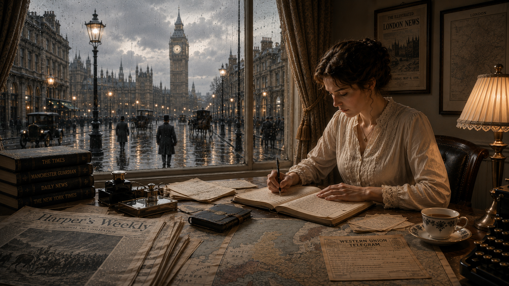 A woman writing at her desk overlooking wartime London.