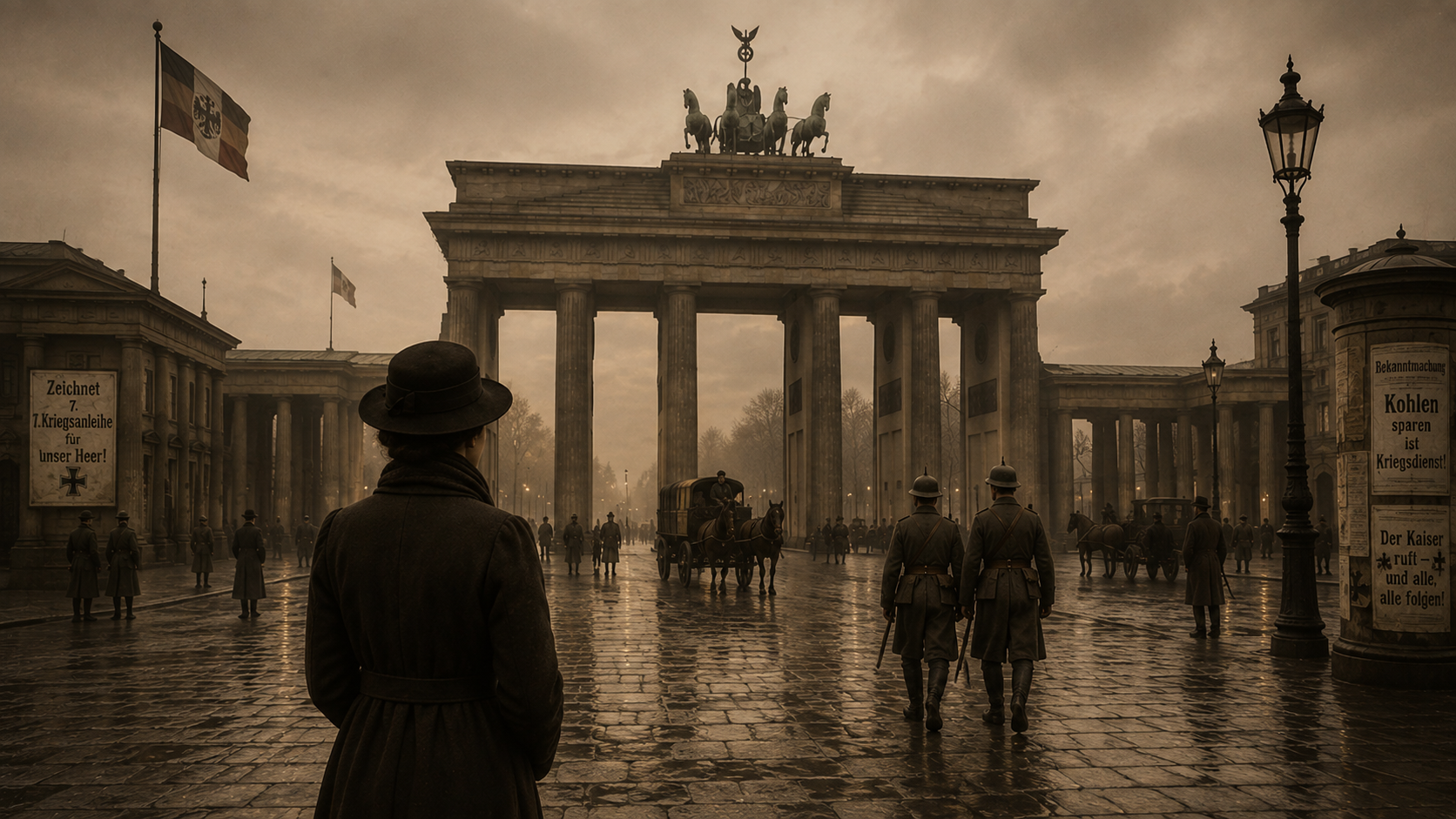 Marthe Hartmann at the Brandenburg Gate in wartime Berlin, 1916.