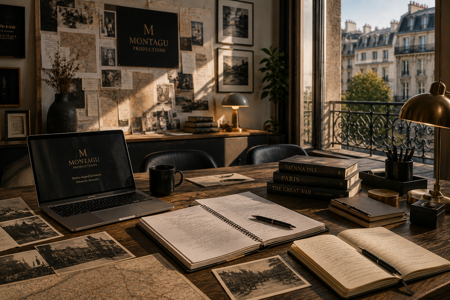 A writer's desk with First World War books, photographs and research notes.