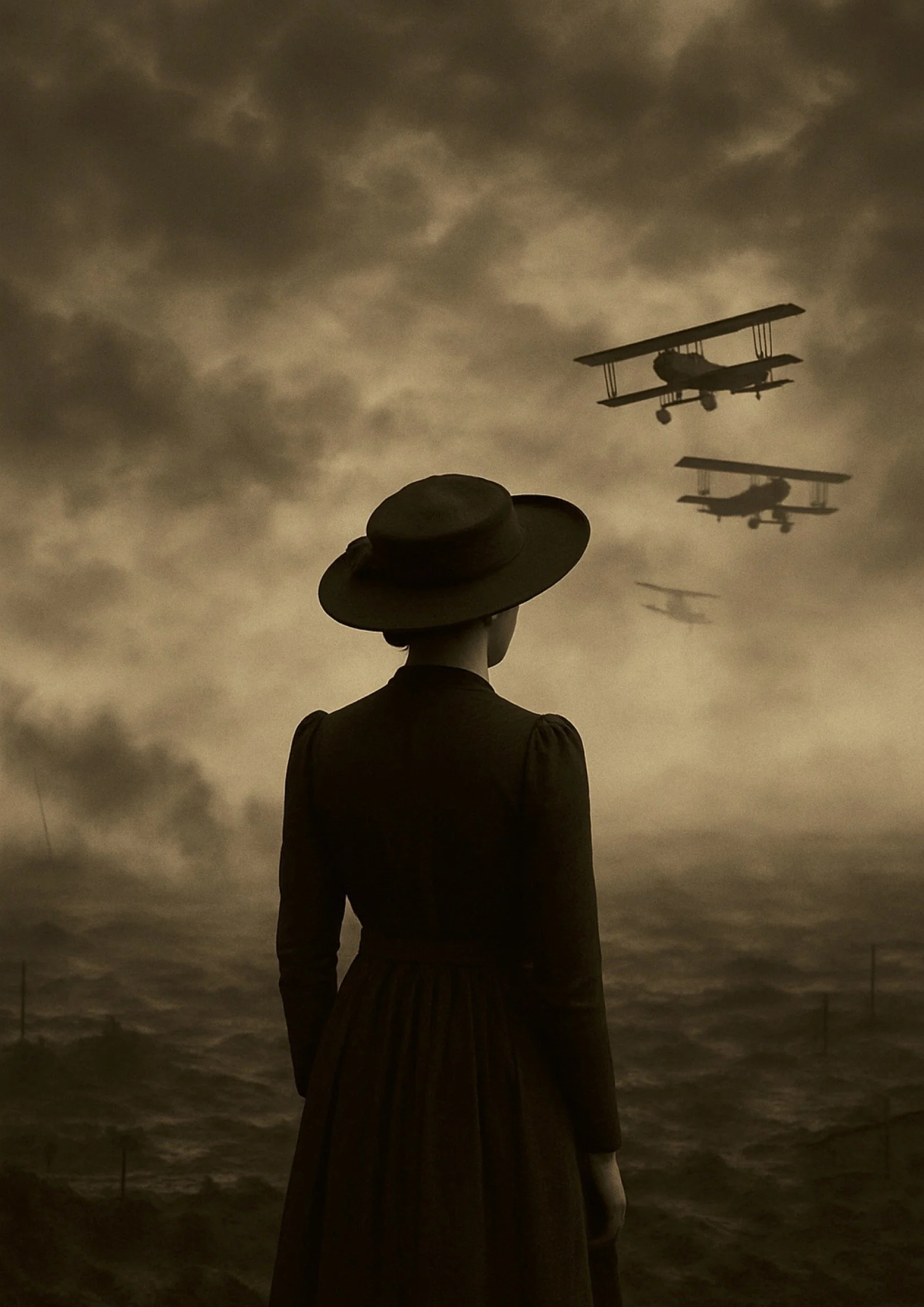 A young woman watches First World War biplanes flying overhead.