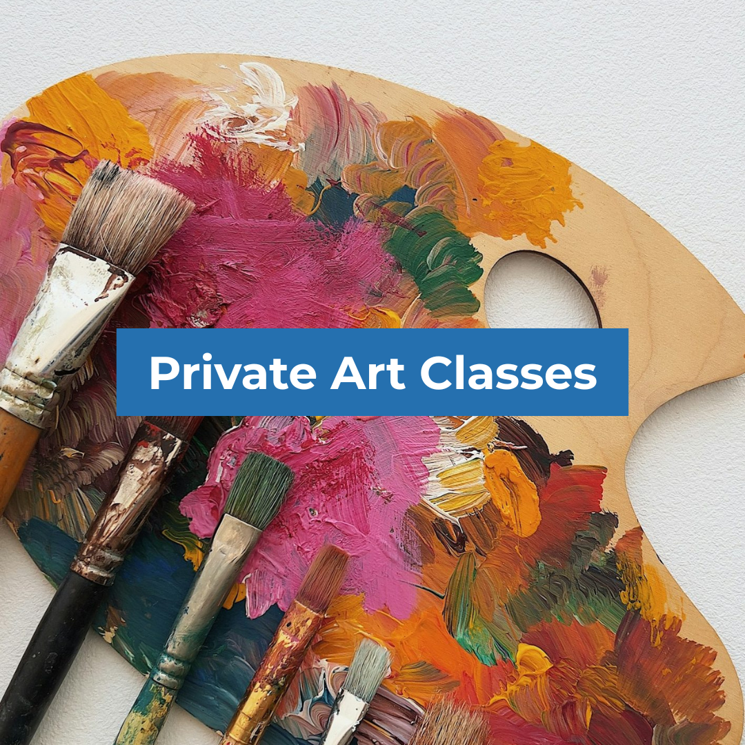 Paint palette covered in colorful paint and brushes with a blue banner reading “Private Art Classes.”