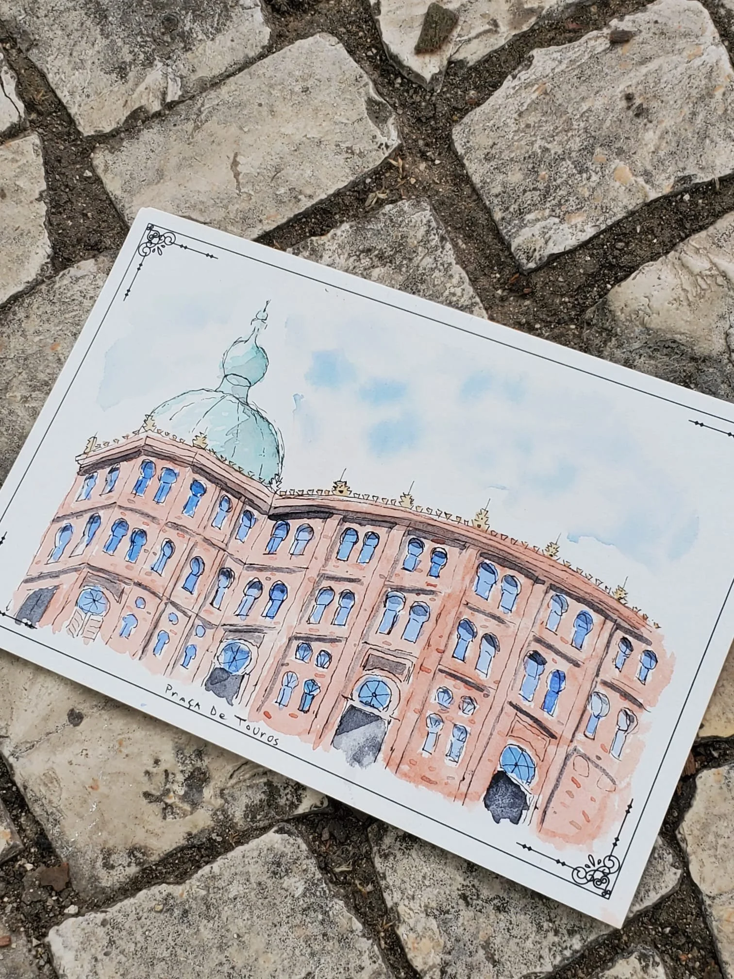 Urban Sketching Watercolor illustration of the Praça de Touros building in Campo Pequeno Lisbon