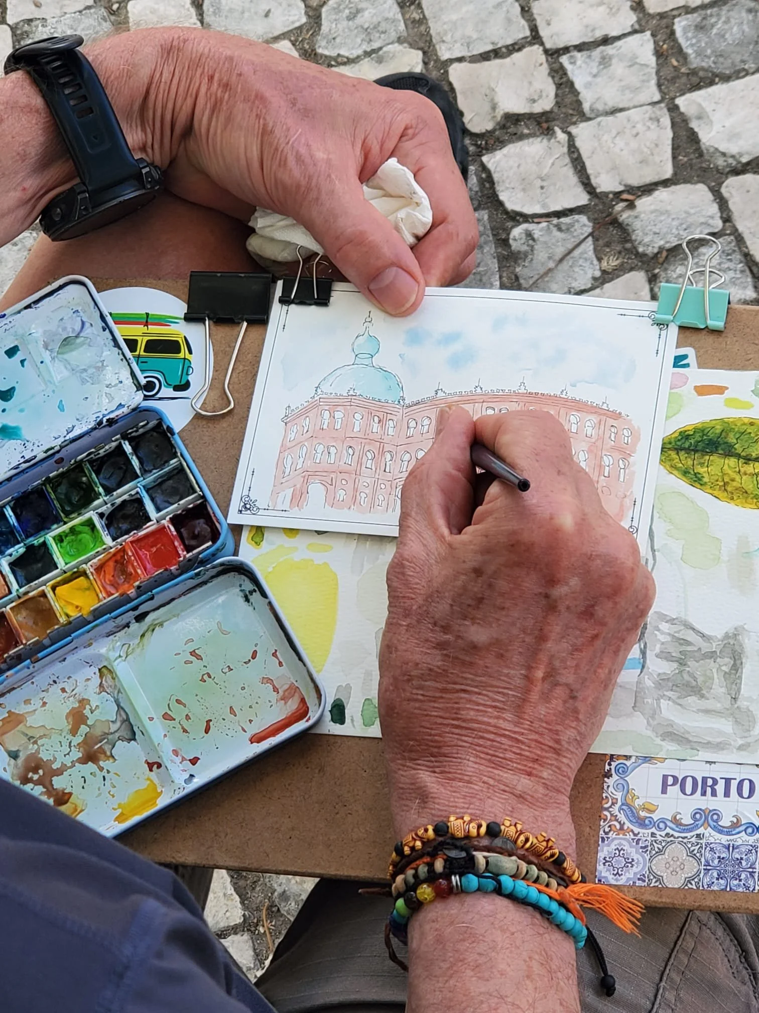 Watercolour and ink sketch of Lisbon Campo Pequeno created during an urban sketching workshop