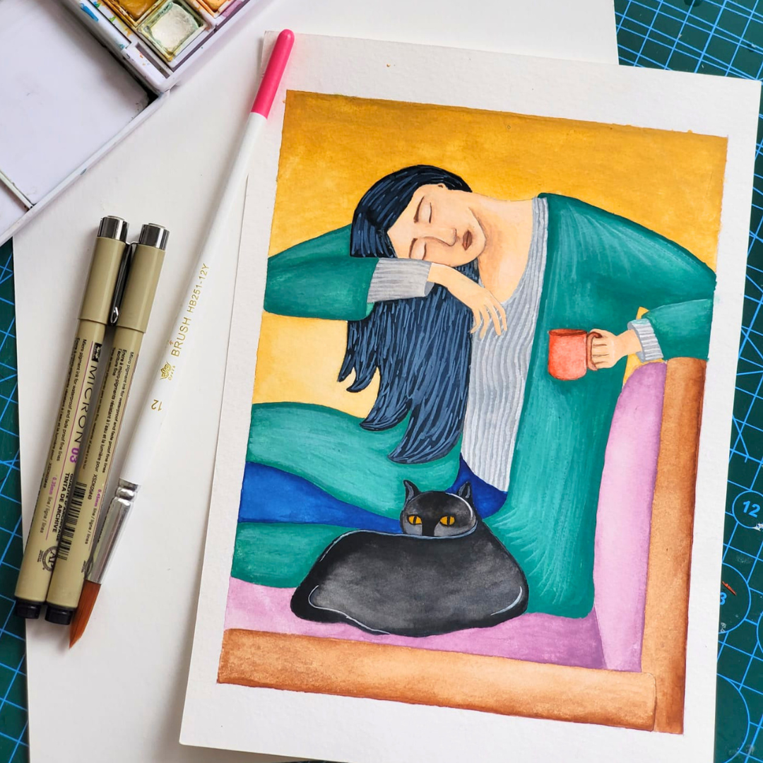 Watercolor illustration of a sleepy woman holding a red mug beside a black cat on a colorful couch