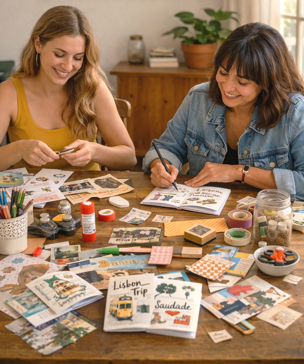 Two women creating travel scrapbooks at a craft table covered with postcards, photos, stamps, and art supplies.