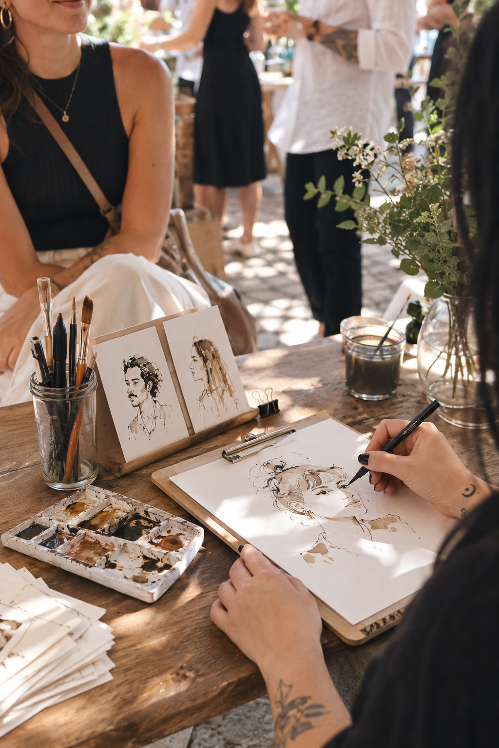Artist creating watercolor portraits at an outdoor art market table with brushes, paint palette, and reference sketches