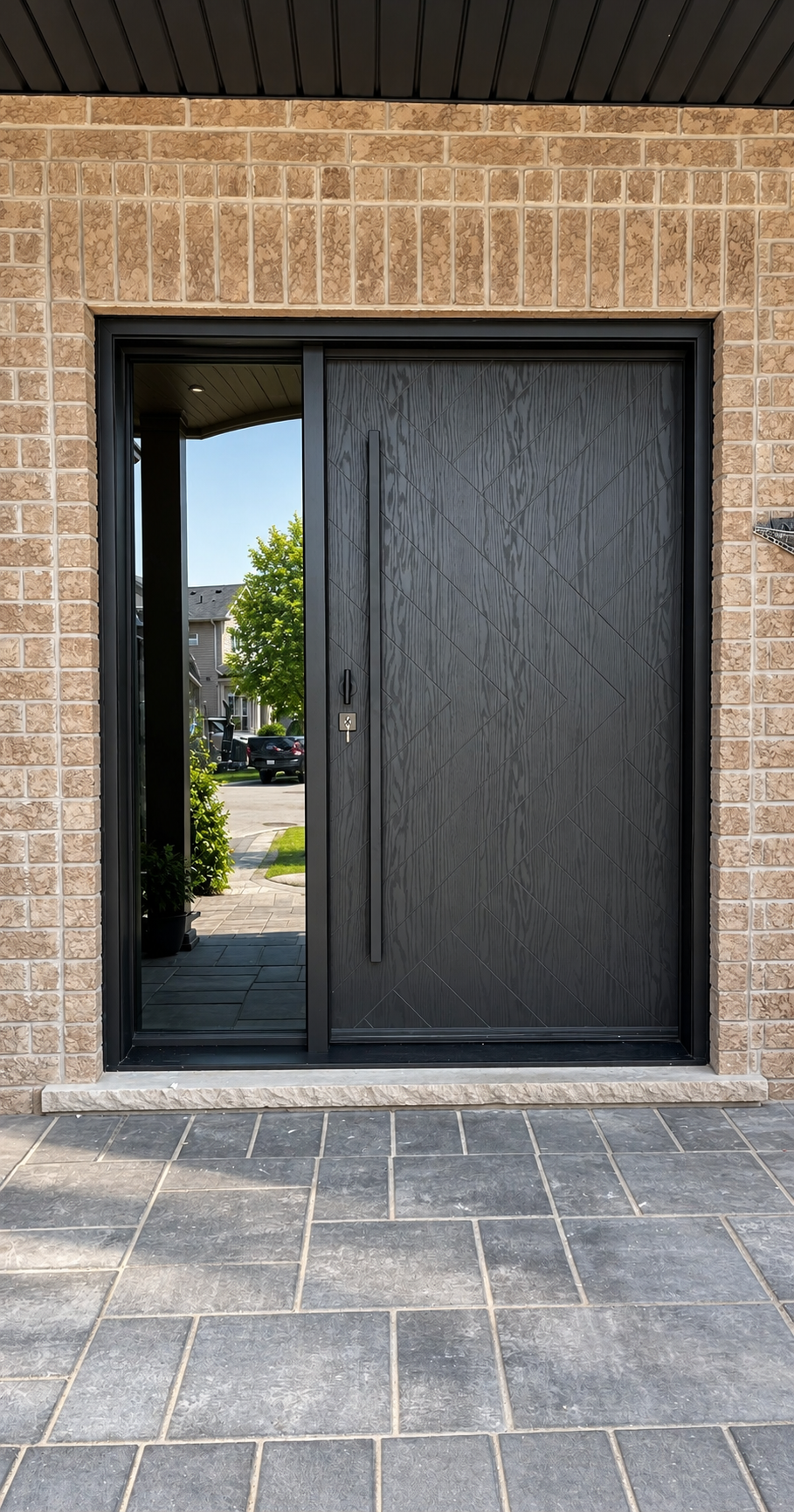 Front entrance of a house with a black wooden door and a glass side panel, surrounded by beige brick walls, gray stone tiles on the porch, a potted plant, and a view of a street with parked cars and trees in the background.