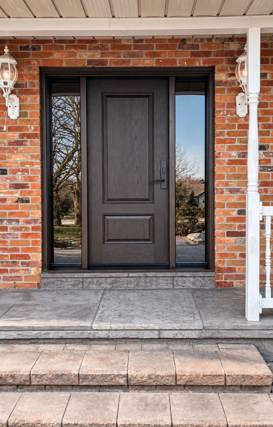 Front porch with gray front door, brick wall, two white outdoor wall-mounted lanterns, and stone steps leading up to the entrance.
