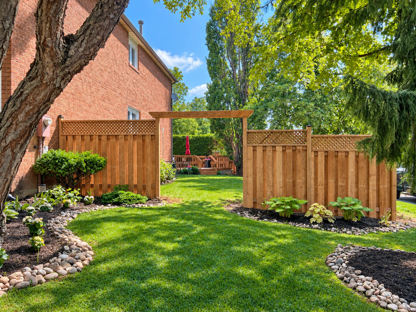 A backyard with a wooden fence, green lawn, mature trees, and a deck with an umbrella in the background.