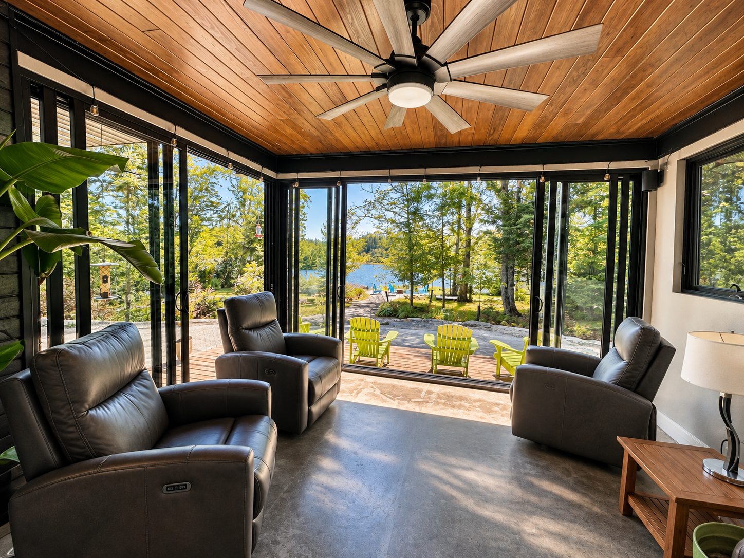 View of a cozy living room with black leather recliners, a wooden side table with a lamp, and large glass windows opening to a backyard with yellow Adirondack chairs, trees, and a lake.