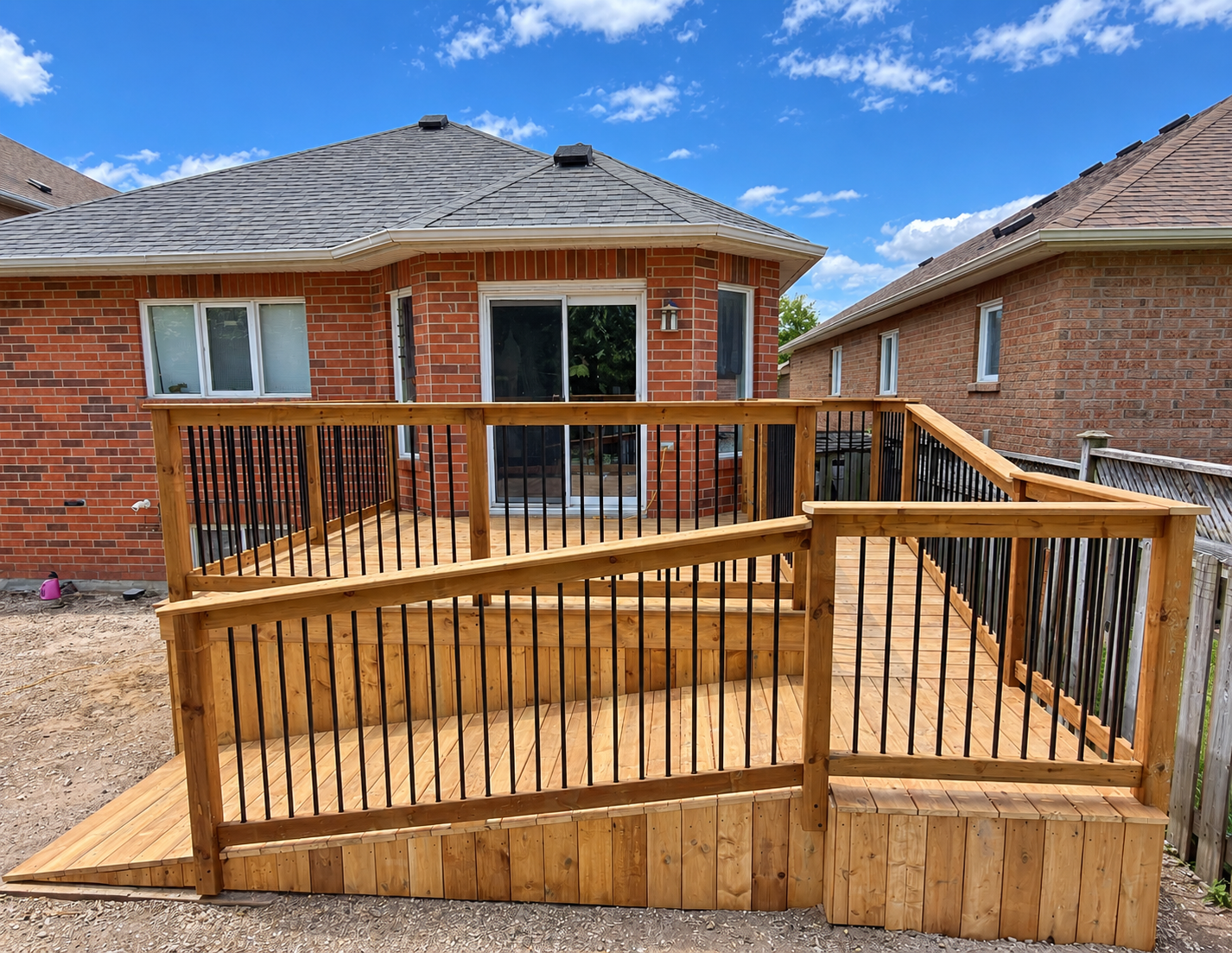 Backyard wooden deck with railing attached to a brick house with sliding glass door and windows, neighboring house visible, under a blue sky with clouds.