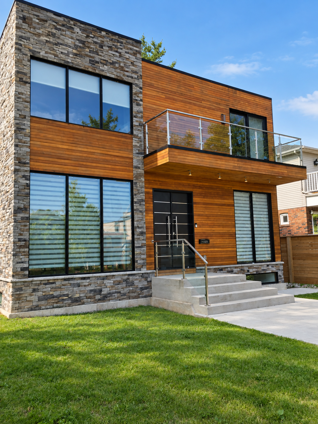 Modern two-story house with large glass windows, a wooden facade, and a stone accent wall. It has a front porch with steps, a glass railing balcony, and a grassy front yard. Clear blue sky in the background.