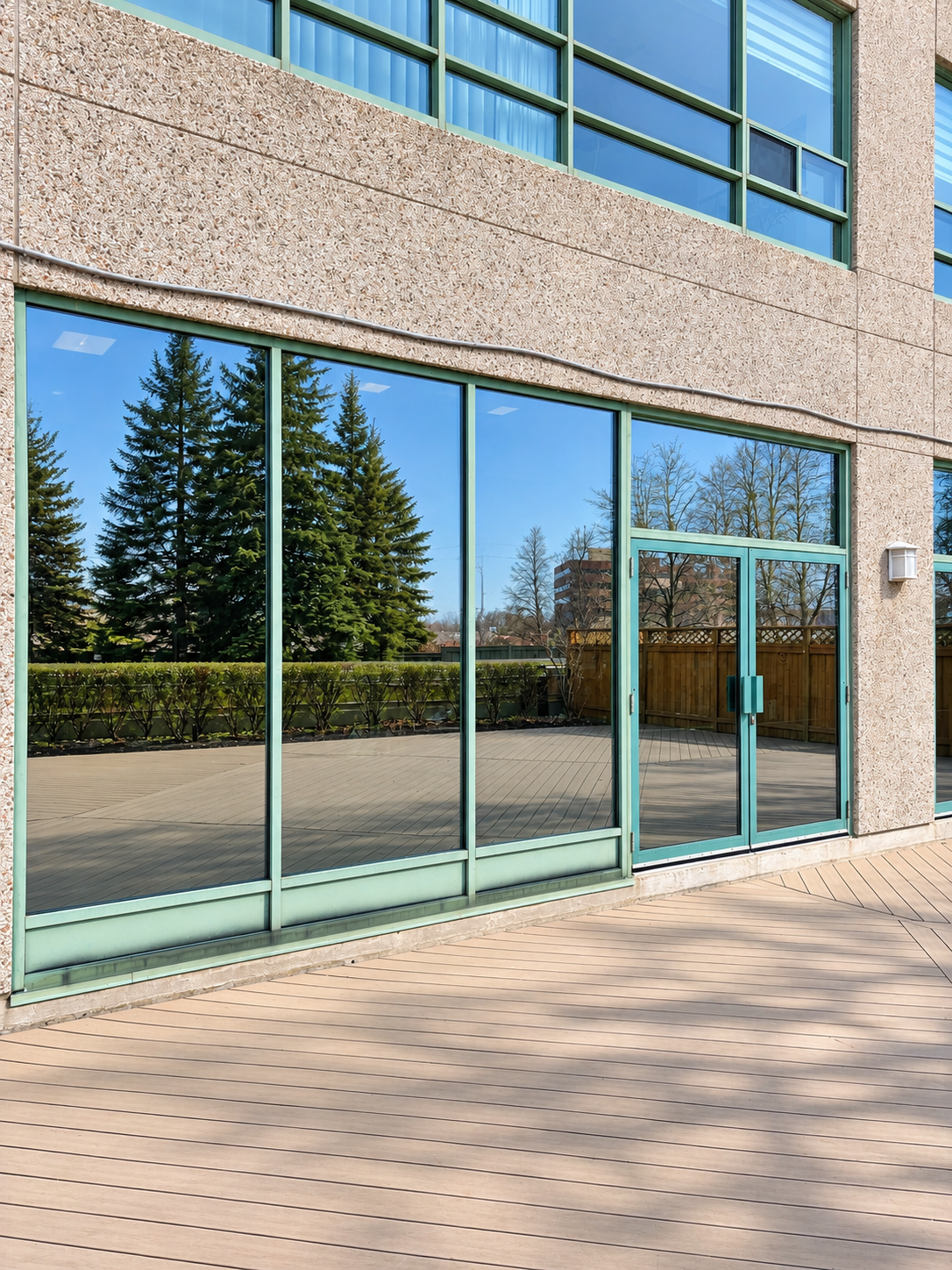A modern building with large glass windows, reflecting trees and a clear sky, and a wooden deck outside.