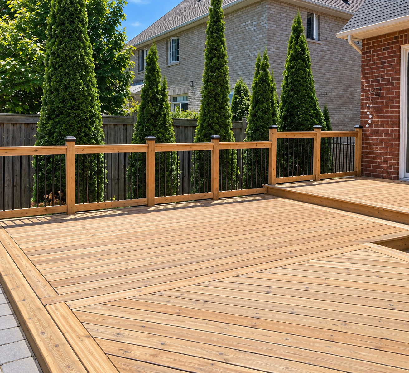 A wooden backyard deck with black metal railing and a gate, surrounded by tall green trees and adjacent to a brick house.