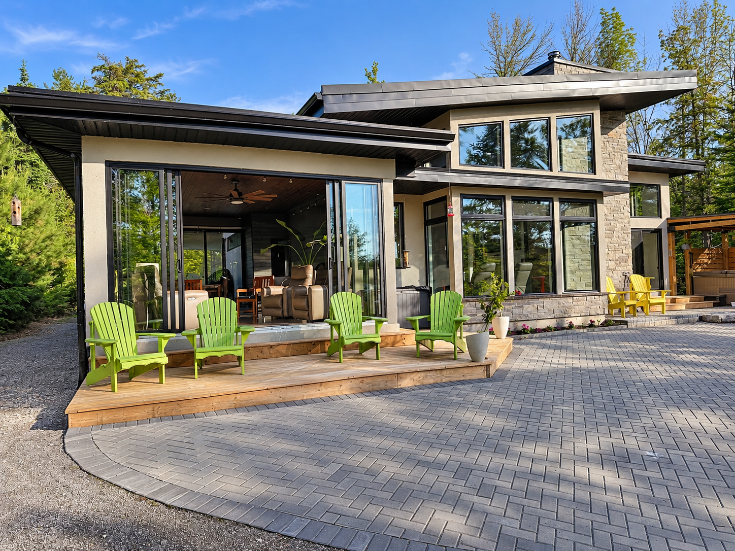 Modern house with large glass windows, outdoor seating with green and yellow Adirondack chairs, potted plants, and a paved patio, surrounded by trees.