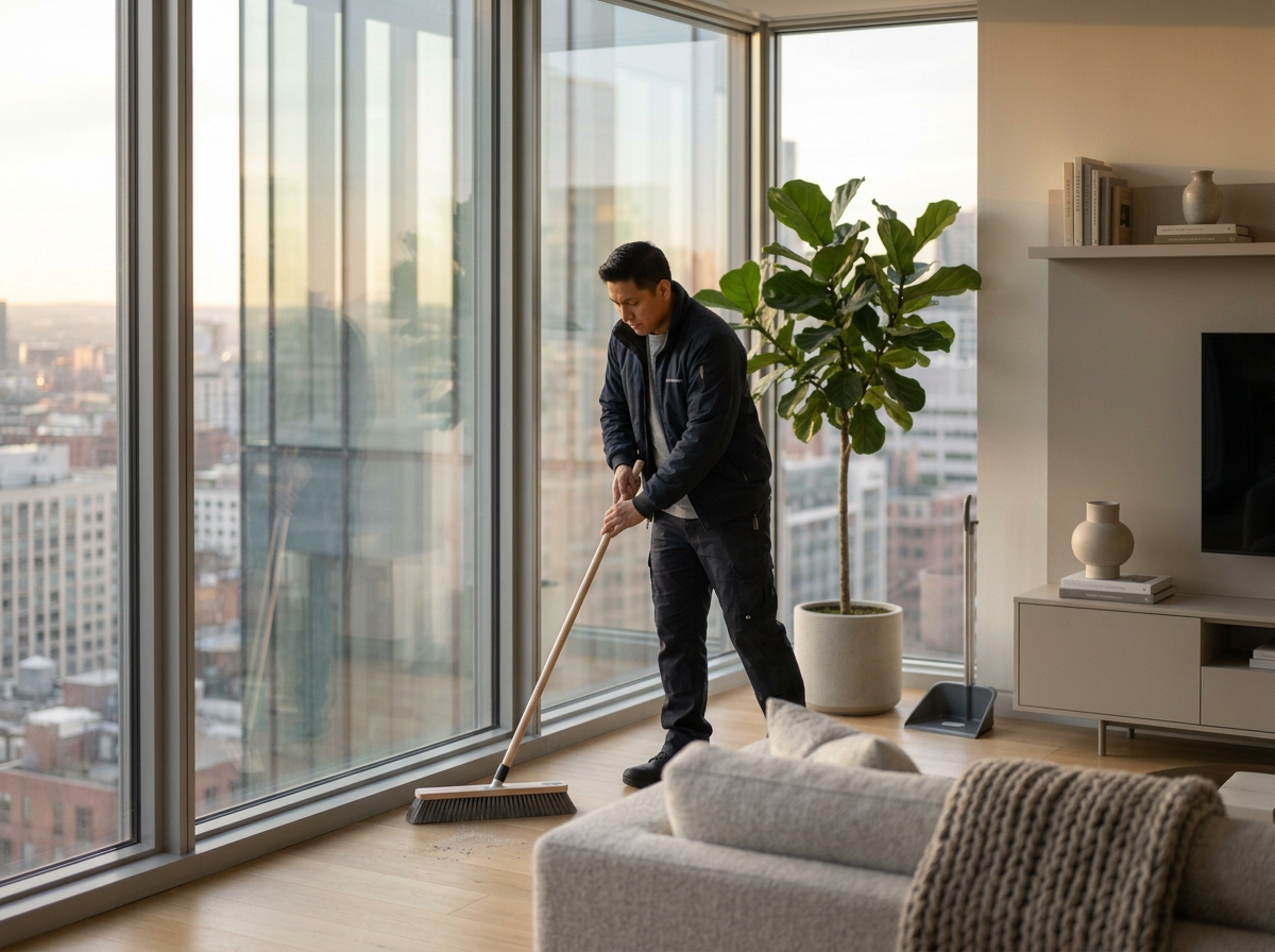 A man is sweeping the floor with a broom inside a modern apartment with large windows overlooking a cityscape.
