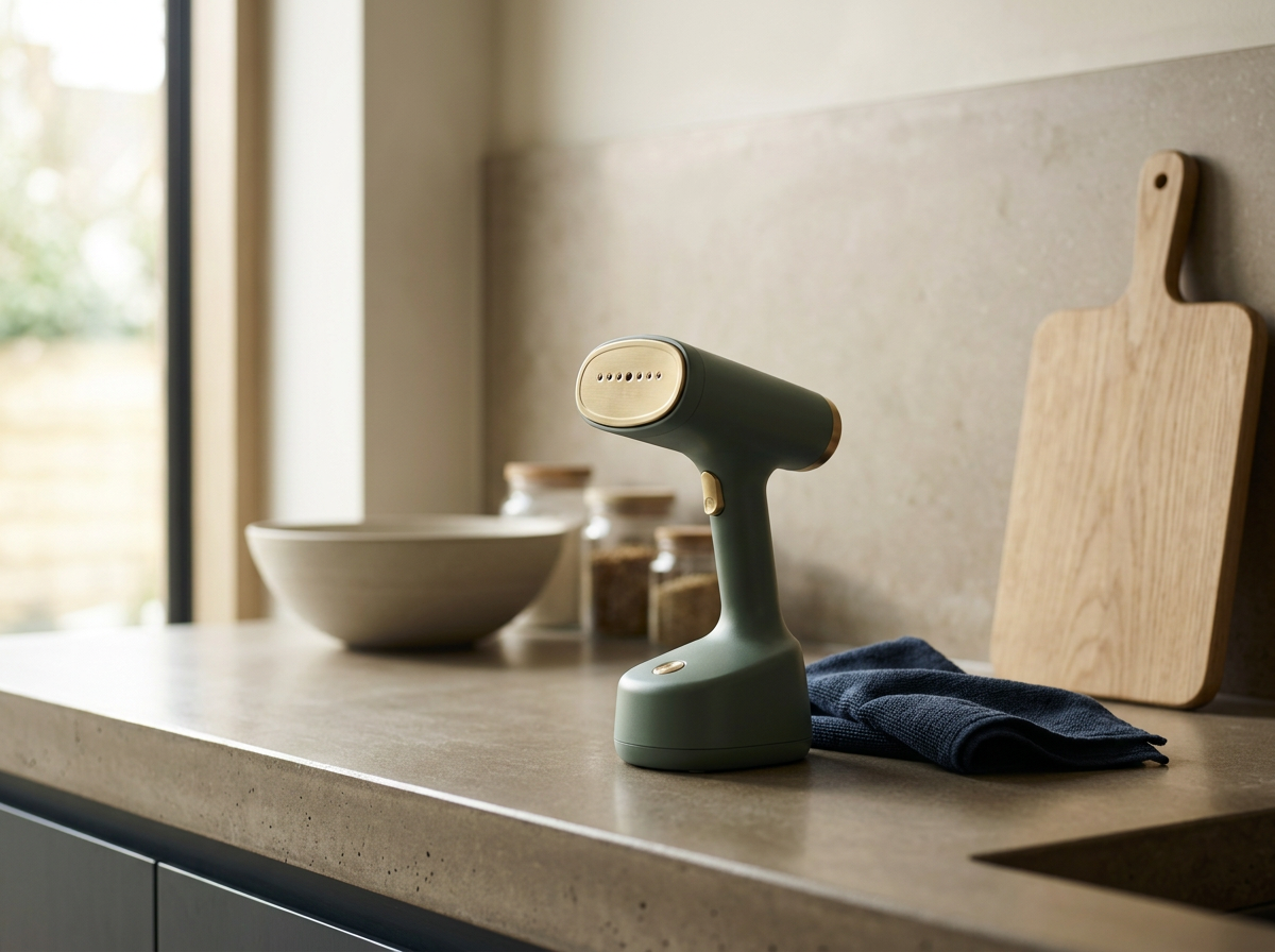 A handheld yellow and black food steamer on a kitchen countertop with a cutting board, bowls, and jars in the background.