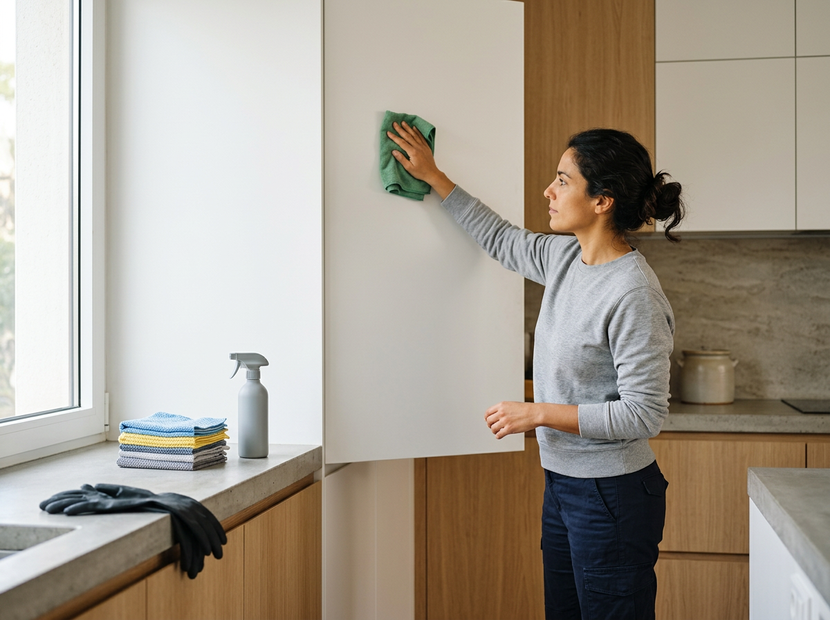 Woman cleaning a kitchen cabinet with a green cloth, standing by a window with cleaning supplies on the counter.