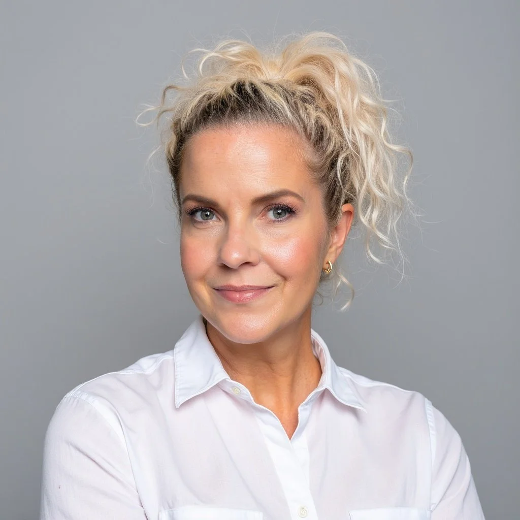 Portrait of a woman with curly blonde hair tied up, wearing a white button-up shirt, smiling softly against a plain gray background.