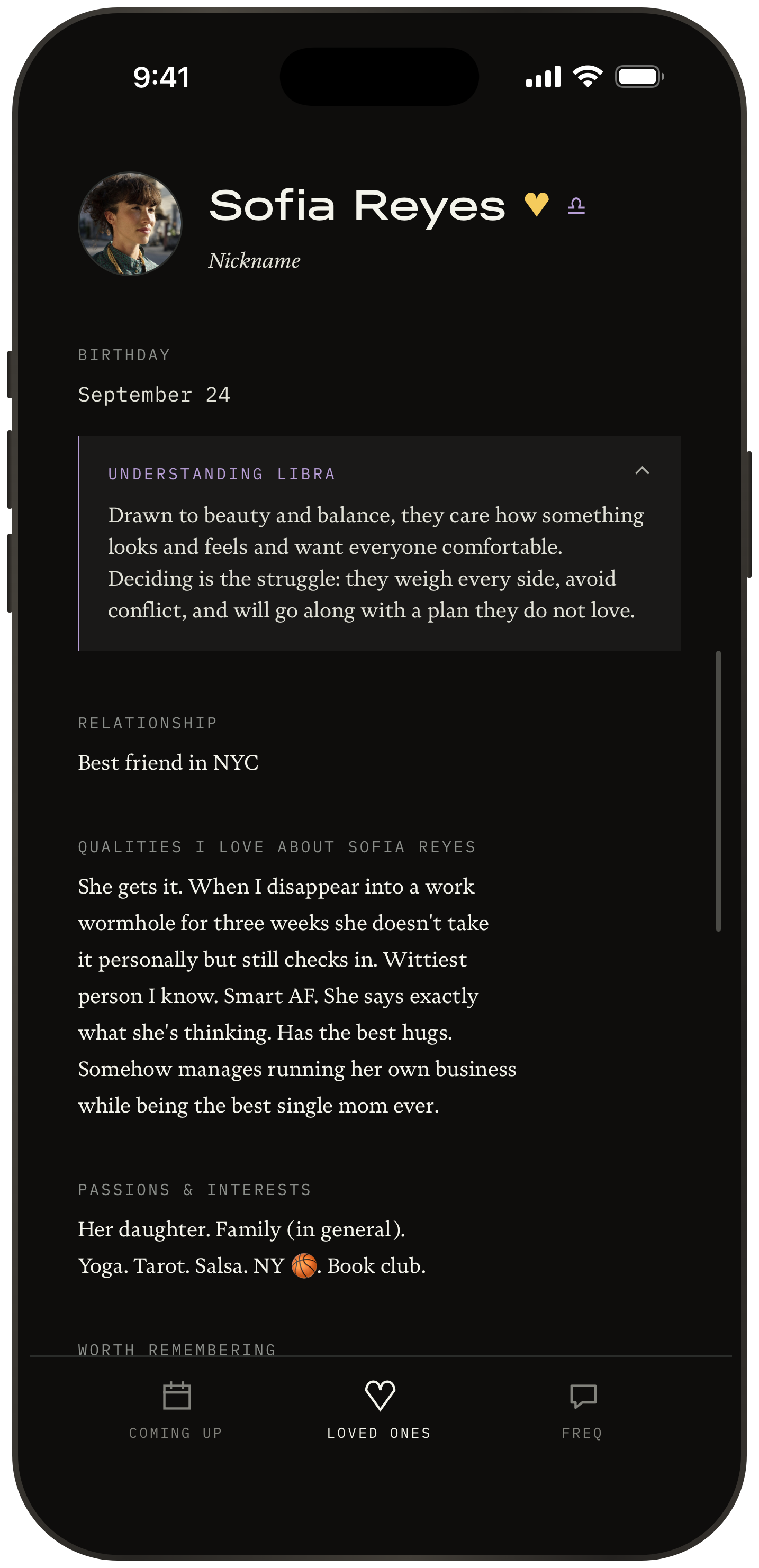 Know what matters with the Quency app. Astrology, passions, important dates. Every loved one gets a profile: who they are to you, what you love about them, the details worth remembering, and the dates that matter, including their birthday.