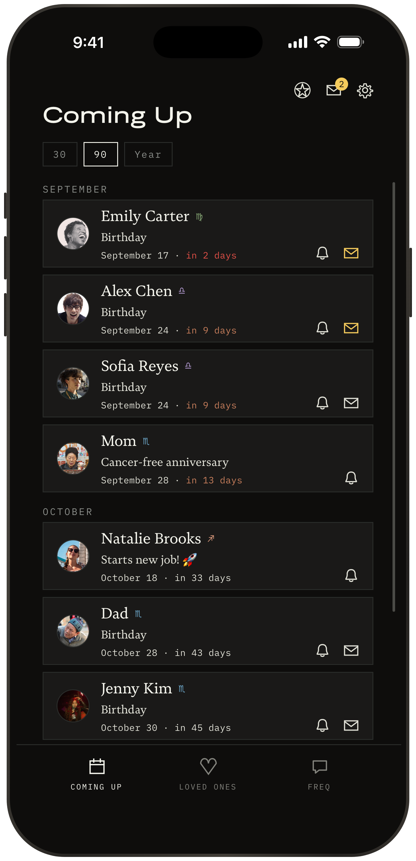 Know when it matters. Remembering the day of is not enough 
Quency lays out their birthdays and important dates in a calendar roll, giving you an organized digest to remember, plan, and act.