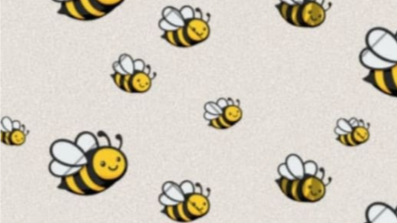 Pattern of cartoon smiling bees with white wings on a light background.