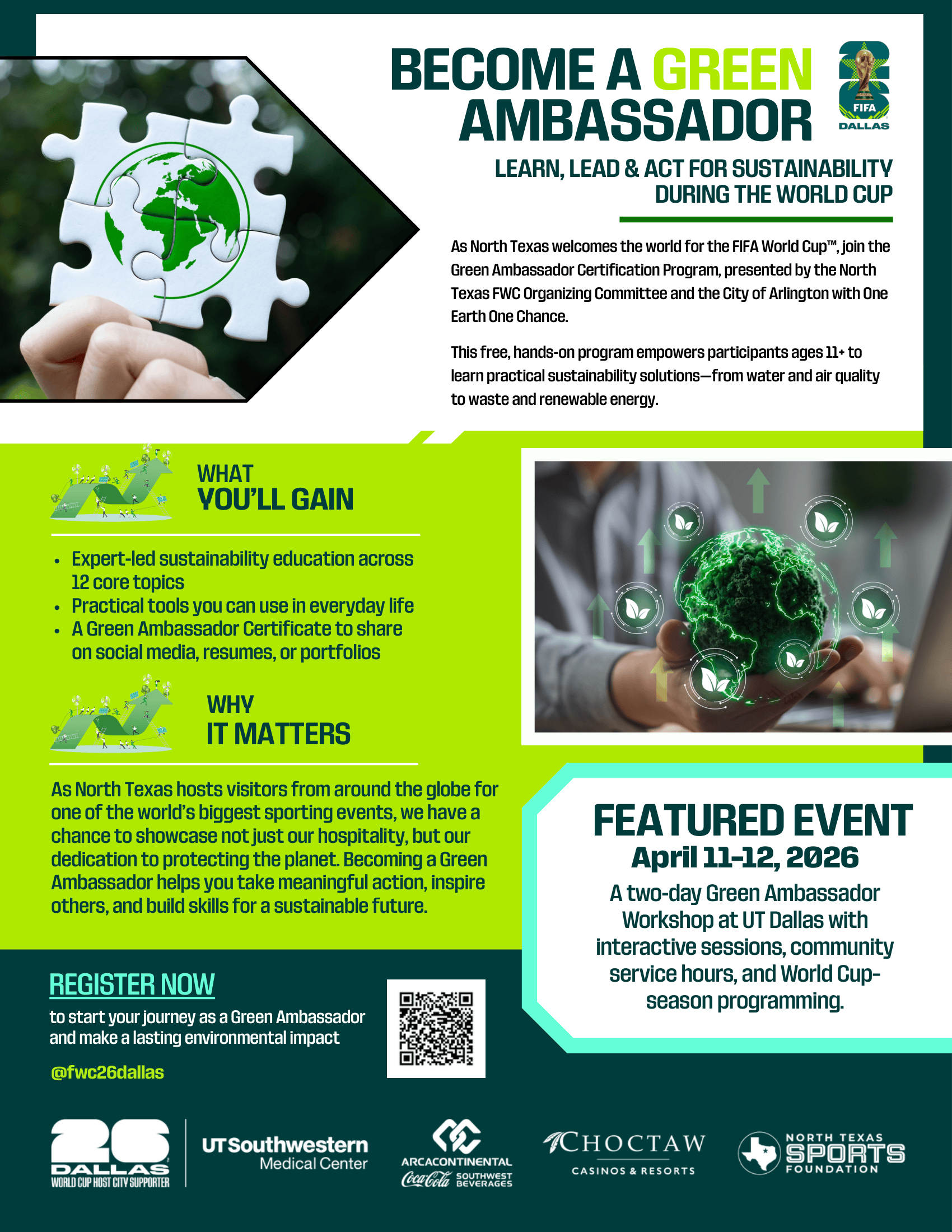 Flyer for the Green Ambassador certification program during the FIFA World Cup 2026 in North Texas. Includes registration information, event date April 11-12, 2026, and sponsor logos.