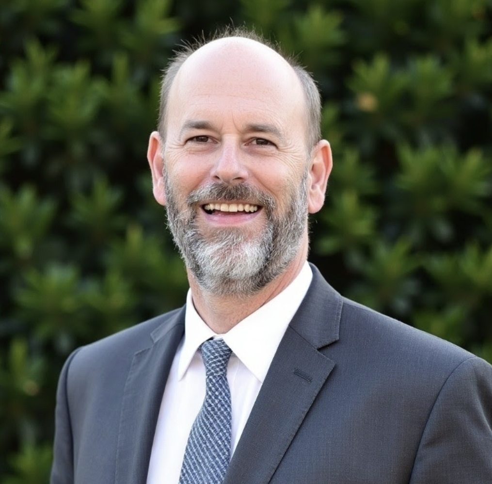 A middle-aged man with a beard and balding head smiling outdoors with green foliage in the background, wearing a dark suit and tie.