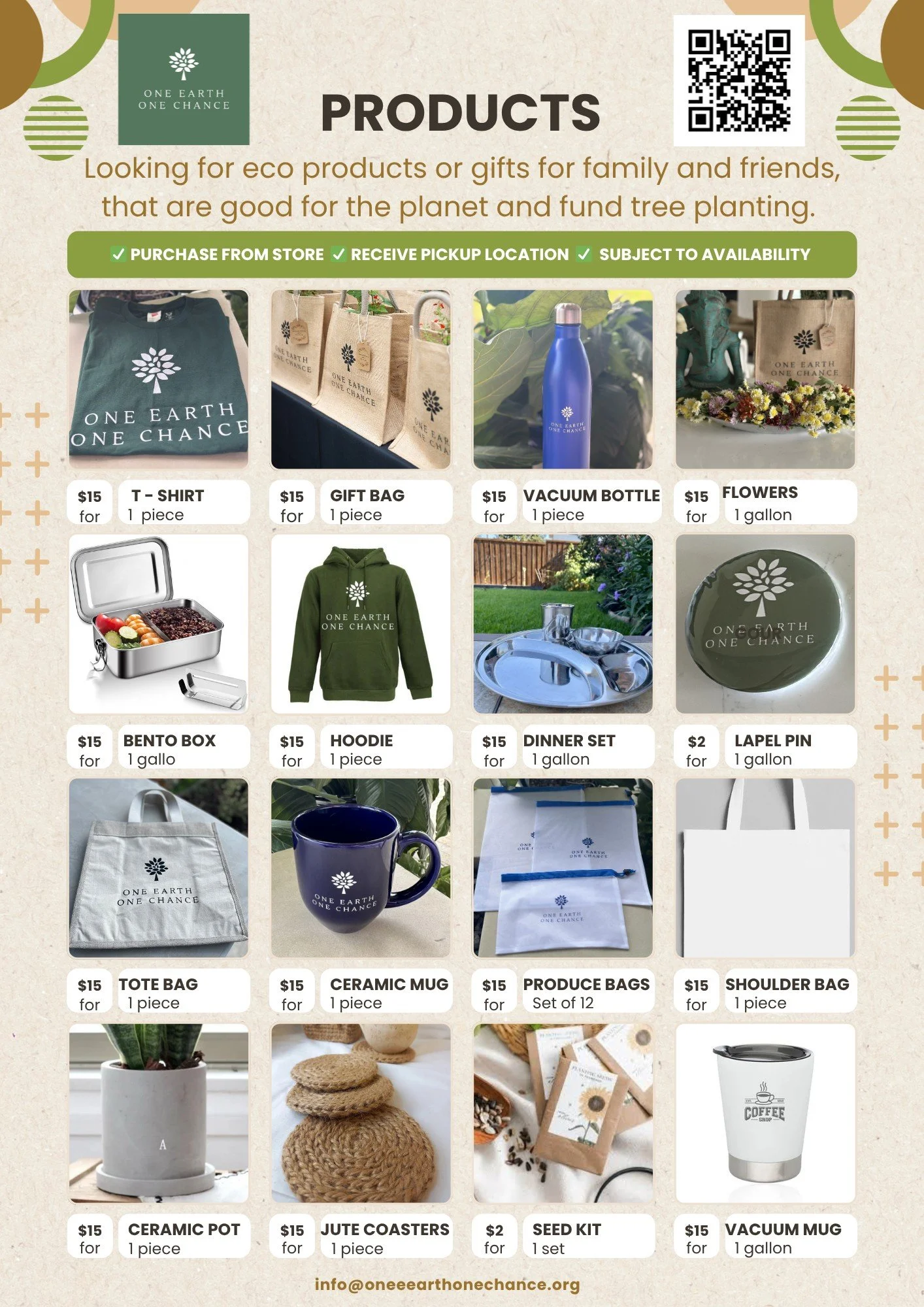 A flyer from One Earth One Chance advertising eco-friendly products for sale, including t-shirts, gift bags, vacuum bottles, flowers, bento boxes, hoodies, dinner sets, tote bags, ceramic mugs, produce bags, shoulder bags, ceramic pots, jute coasters, seed kits, and vacuum mugs, with prices and descriptions. The flyer encourages buying for family and friends to support the planet and tree planting.