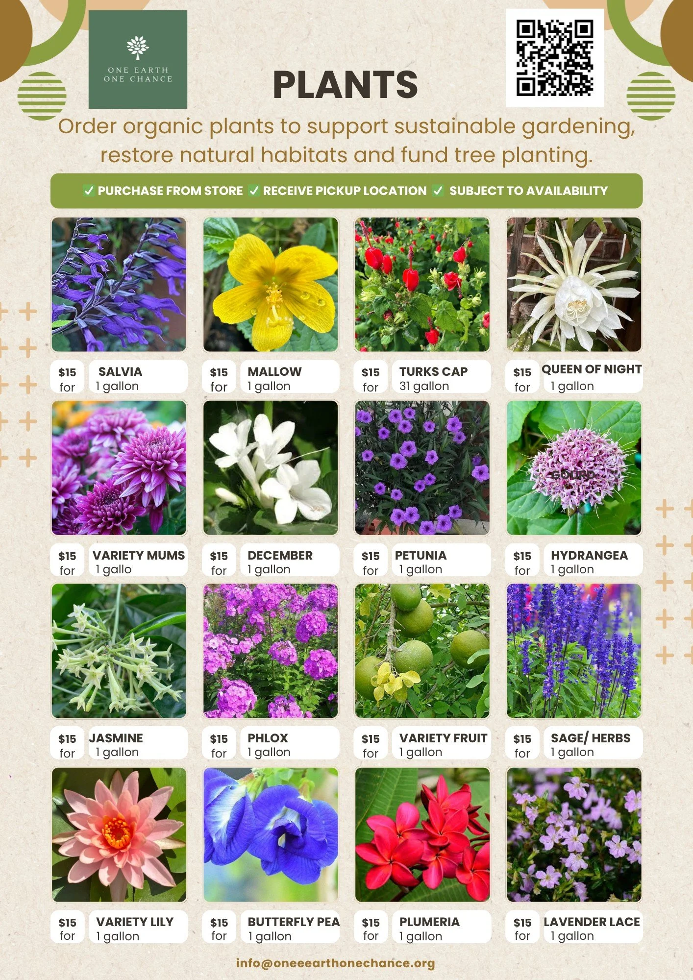 A flyer advertising organic plants for sustainable gardening, with images of various flowers and plants, prices, and a QR code.