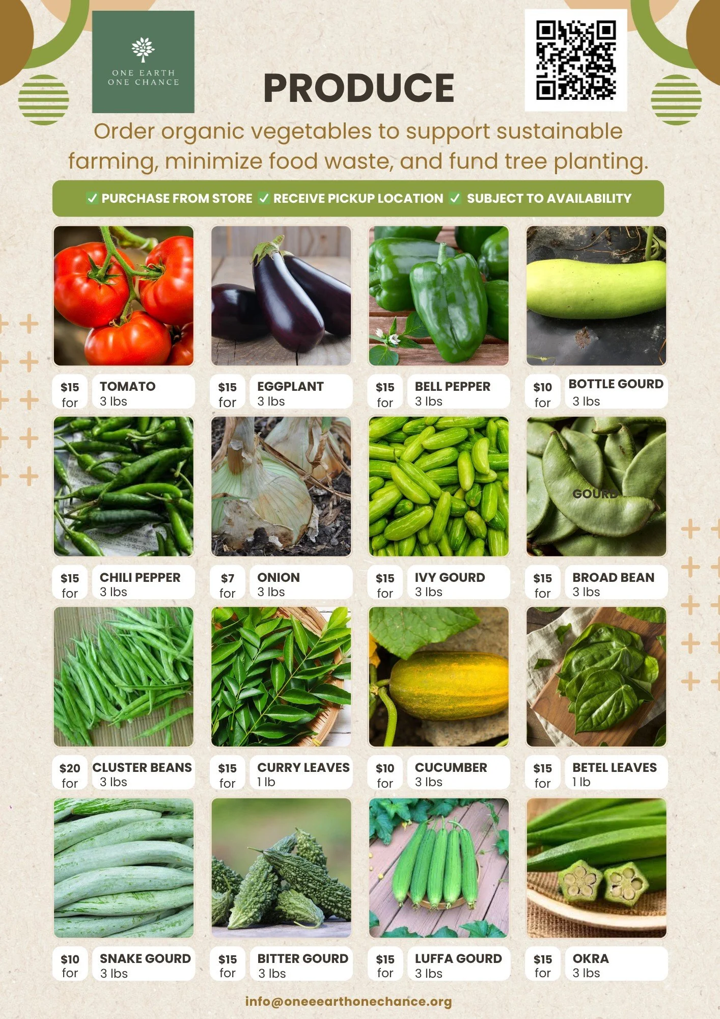 A flyer from One Earth One Chance promoting organic vegetables for sustainable farming. Shows images of tomatoes, eggplants, bell peppers, bottle gourds, chili peppers, onions, ivy gourds, broad beans, cluster beans, curry leaves, cucumber, betel leaves, snake gourd, bitter gourd, lufa gourd, and okra with prices and weights.