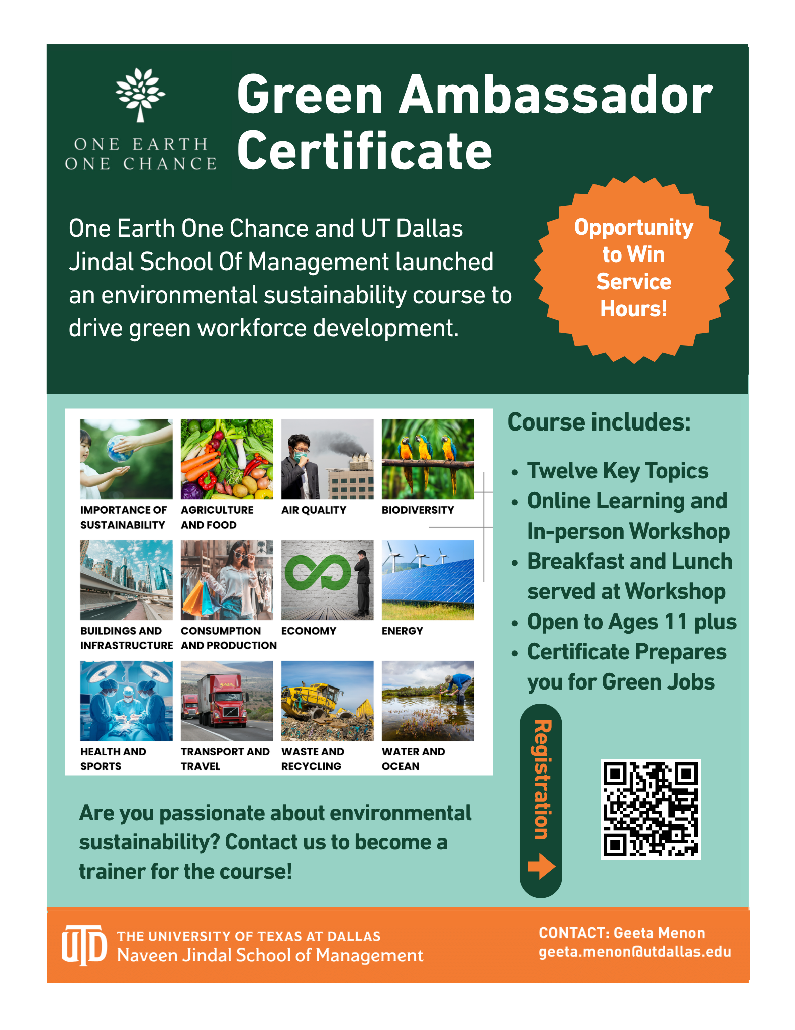 A flyer for an environmental sustainability course by One Earth One Chance and UT Dallas Jindal School of Management, including images of sustainability topics and contact information.
