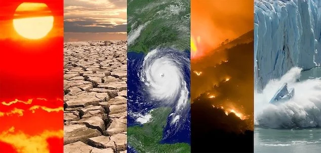 Series of images depicting environmental events: a volcanic eruption with lava, a drought with cracked earth, a hurricane, a wildfire, and melting ice in the Arctic.