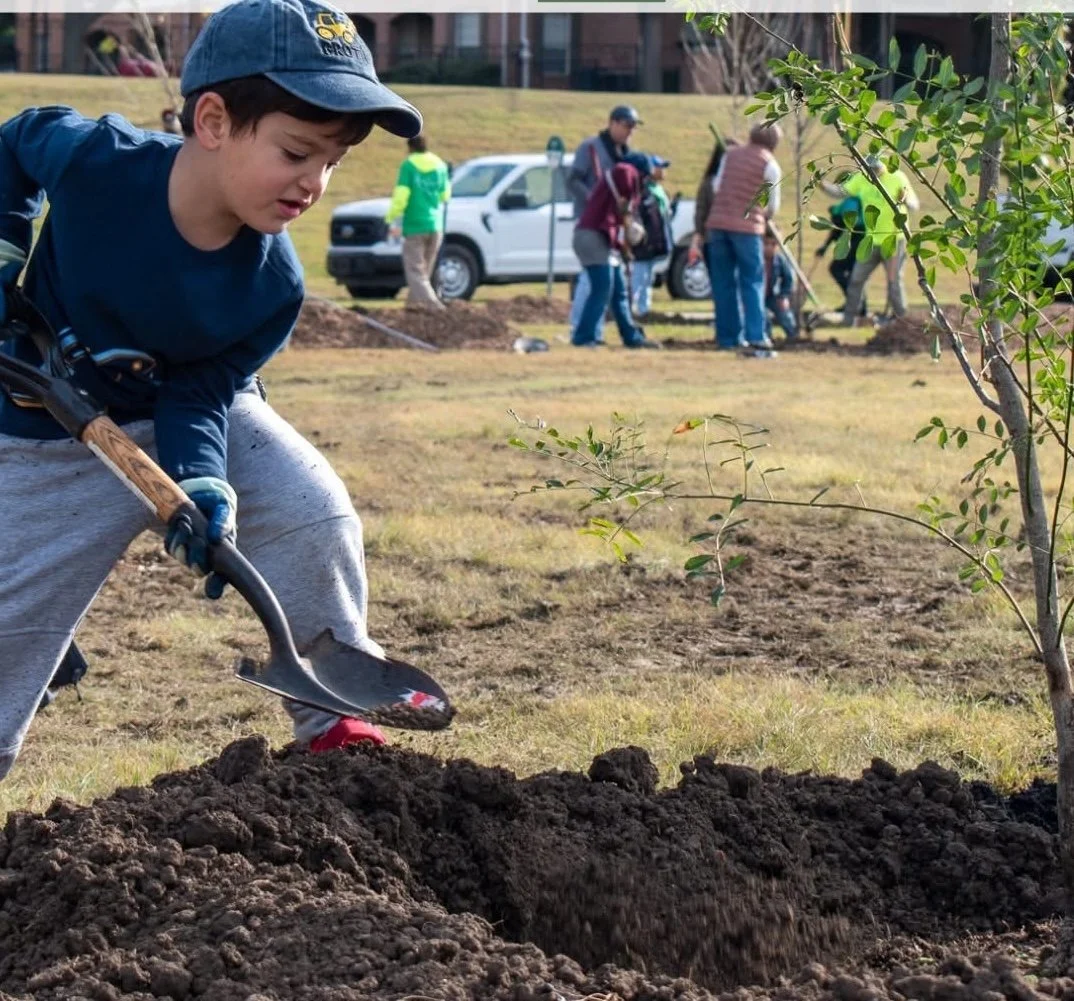 A young boy wearing a blue cap and long-sleeve shirt digging in the soil with a small shovel in a park or community yard. In the background, several people are gathered and working on planting or gardening, near parked cars and a grassy hill.