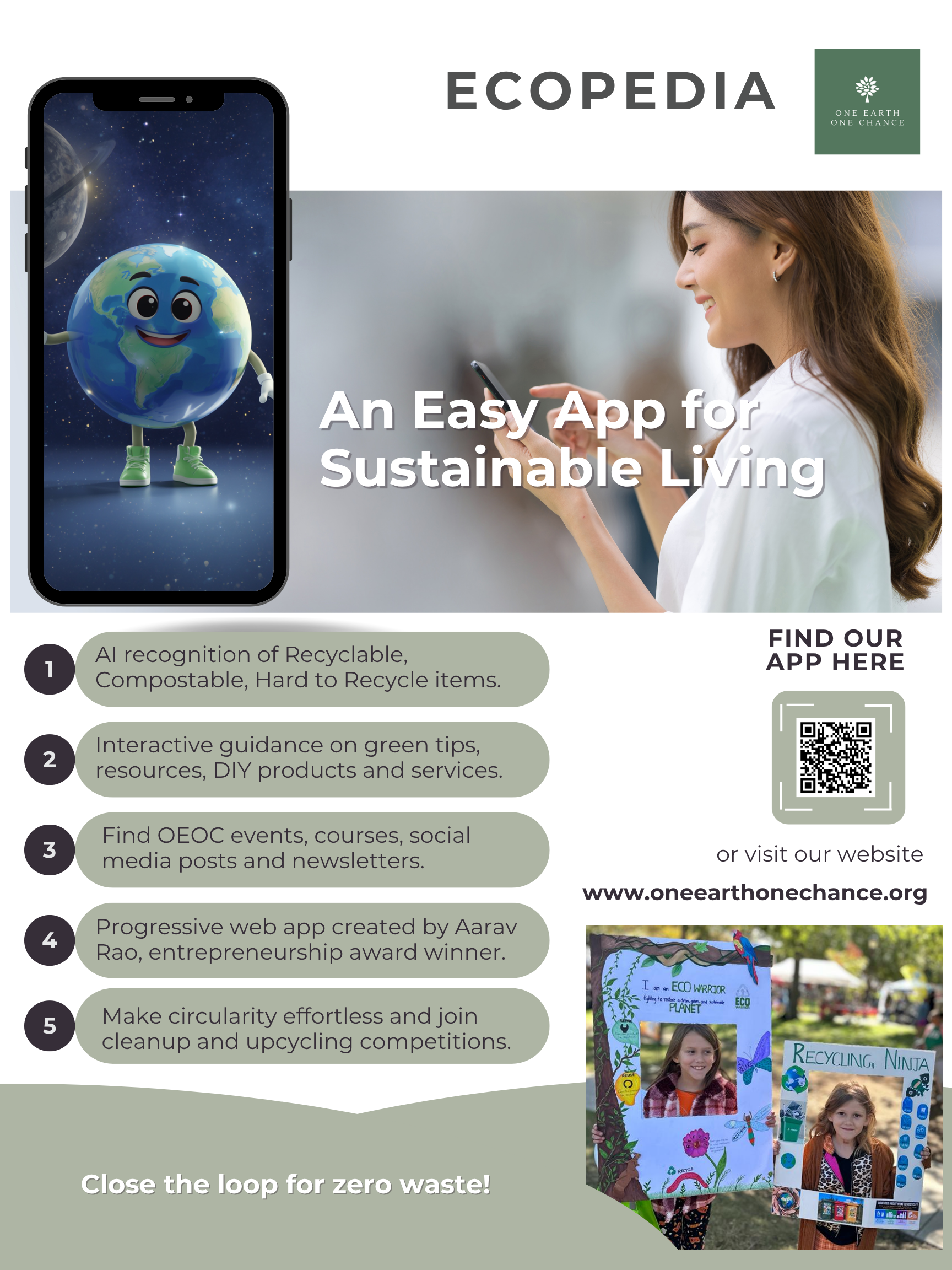 Flyer for EcoPedia, a sustainability app by One Earth One Chance, featuring an animated cartoon Earth character on a smartphone screen, and a woman smiling at her phone. The flyer includes information about app features, a QR code, website URL, and images of children holding handmade environmental awareness posters.