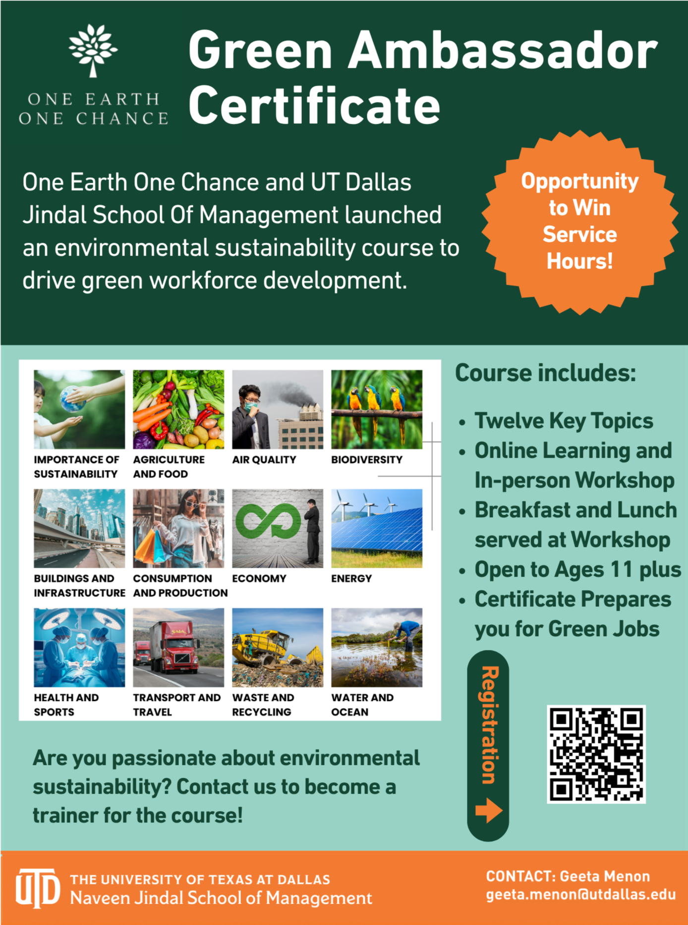 Green Ambassador Certificate from the University of Texas at Dallas, Naveen Jindal School of Management, promoting environmental sustainability courses and activities, including images of children, vegetables, air pollution, birds, construction, shopping, recycling, water, and health professionals, with a QR code for registration and contact information for Geeta Menon.