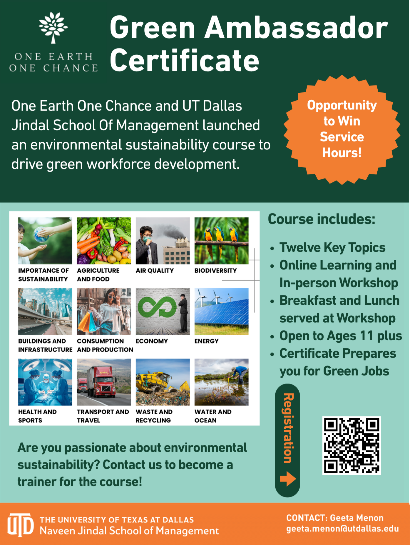 Poster advertising the Green Ambassador Certificate course by One Earth One Chance and UT Dallas Naveen Jindal School of Management featuring images related to sustainability, environment, and various key topics covered in the course.