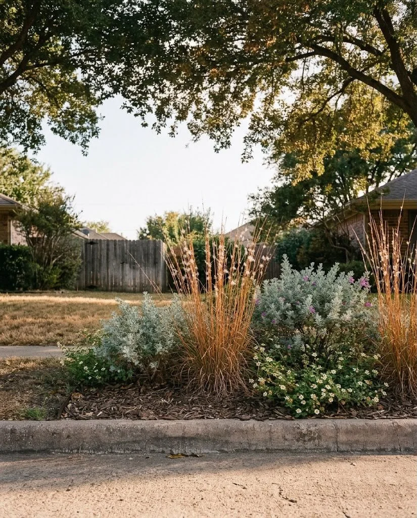 A landscaped garden bed with dried ornamental grasses, silver-green bushes, and small flowering plants, situated along a sidewalk in a suburban neighborhood.