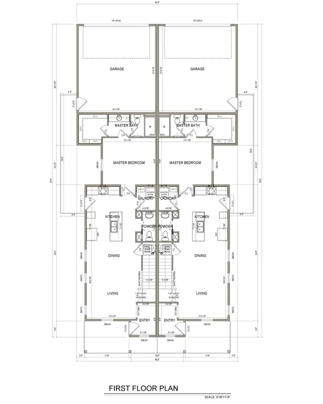 Architectural blueprint of a duplex house, showing the first floor layout with bedrooms, bathrooms, kitchens, dining, living areas, laundry rooms, staircases, and garages, along with detailed measurements.