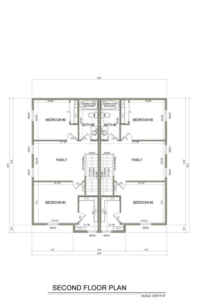 Second floor architectural blueprint layout for 44 West townhomes on Tippet Trail, showcasing the upstairs family room, two bedrooms, and dual-sink vanity bathroom.