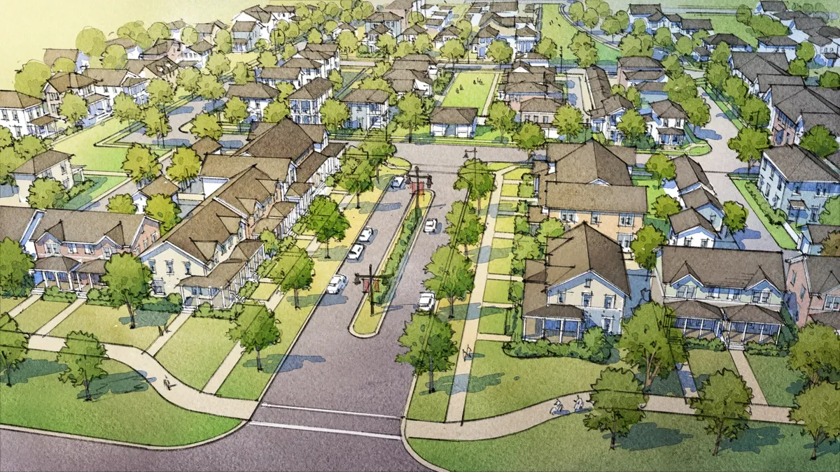 A bird's eye view of a suburban neighborhood with houses, trees, sidewalks, streets, and parked cars.